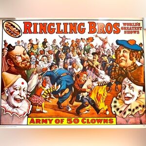 Vintage 1960 Ringling Bros Army of 50 Clowns Poster